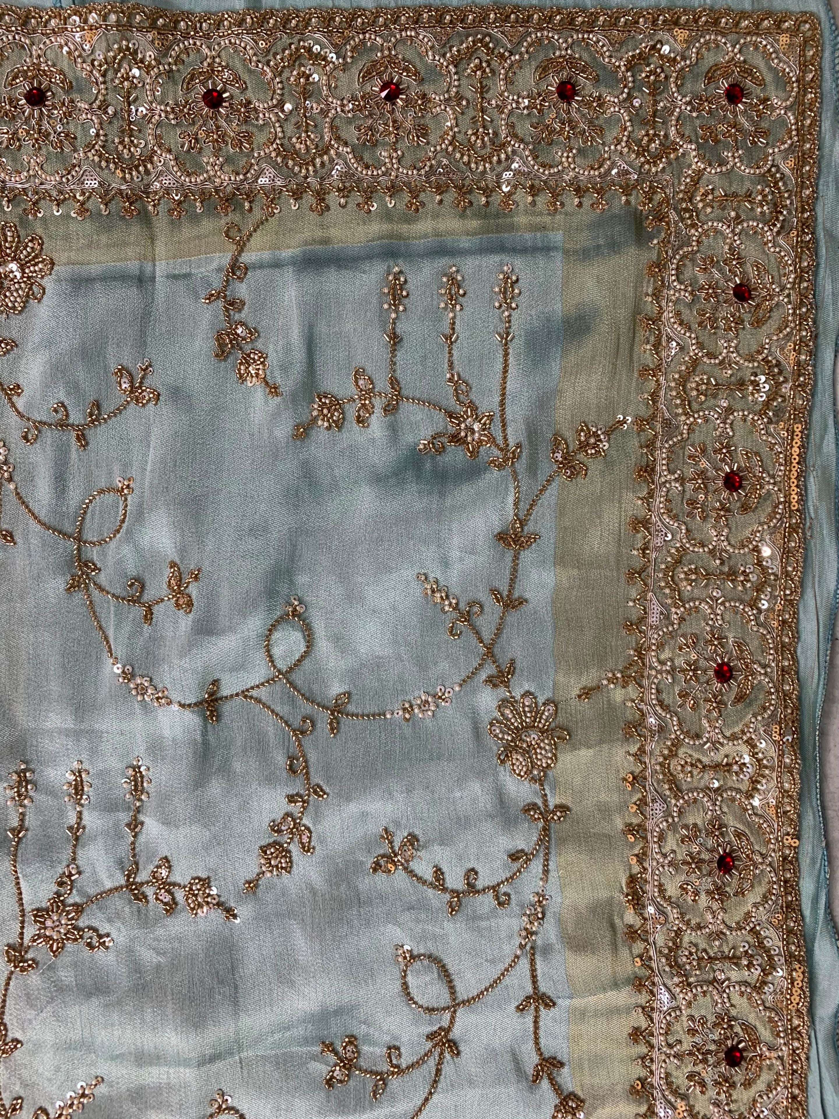 Sky Blue Tissue Unstitched Saree Embellished With Sequins, Cutdana, Moti & Stone Work